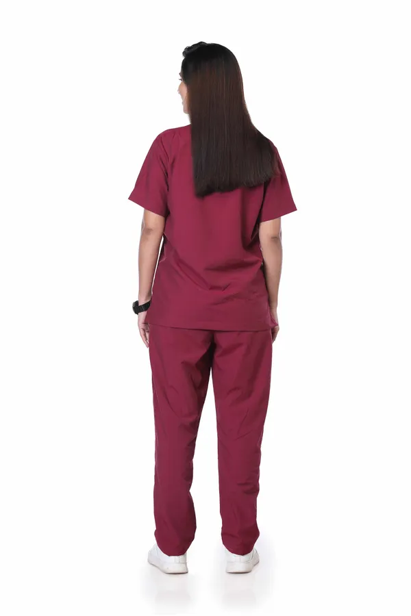 Maroon_9_Pocket_Scrub_V_Neck_With_Cap_&_Mask_For_Women