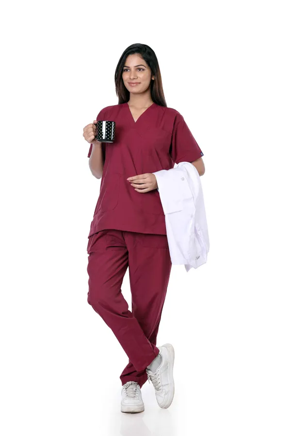 Maroon_9_Pocket_Scrub_V_Neck_With_Cap_&_Mask_For_Women