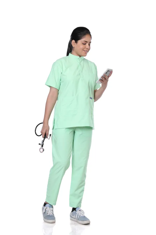 Pastel_Green_5_Pocket_Mandarin_Collar_Scrub_With_Cap_&_Mask_For_Women