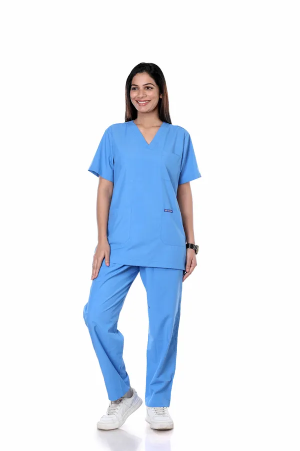 Sky_Blue_9_Pocket_Scrub_V_Neck_With_Cap_&_Mask_For_Women
