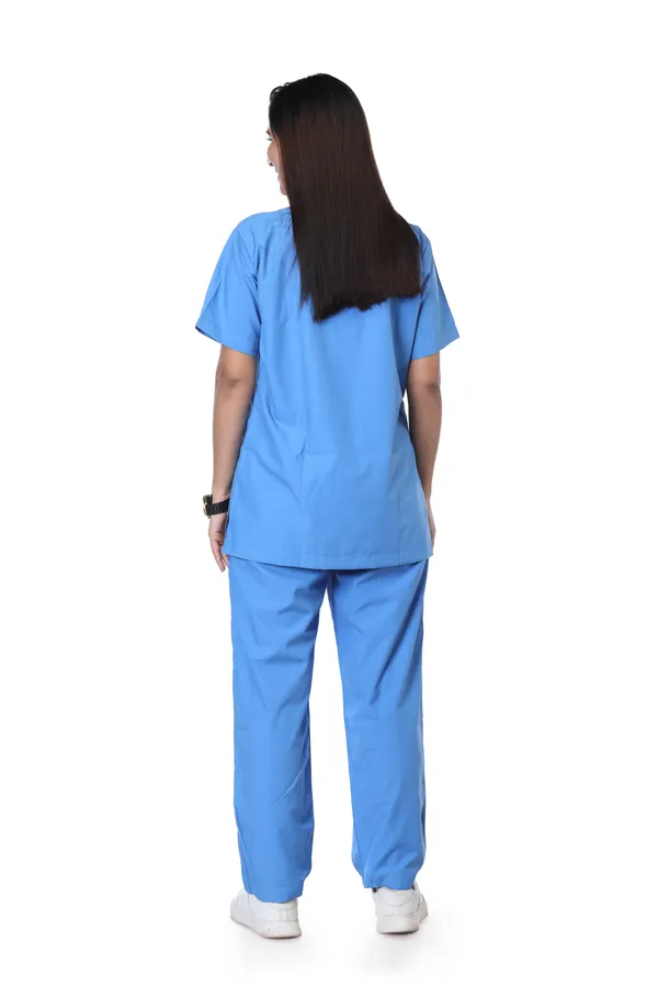 Sky_Blue_9_Pocket_Scrub_V_Neck_With_Cap_&_Mask_For_Women