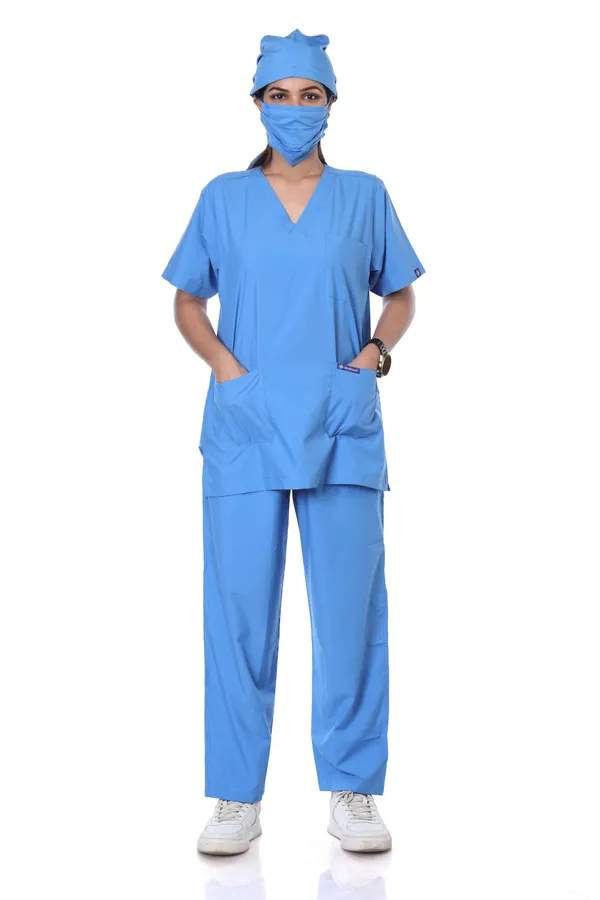 Sky_Blue_9_Pocket_Scrub_V_Neck_With_Cap_&_Mask_For_Women