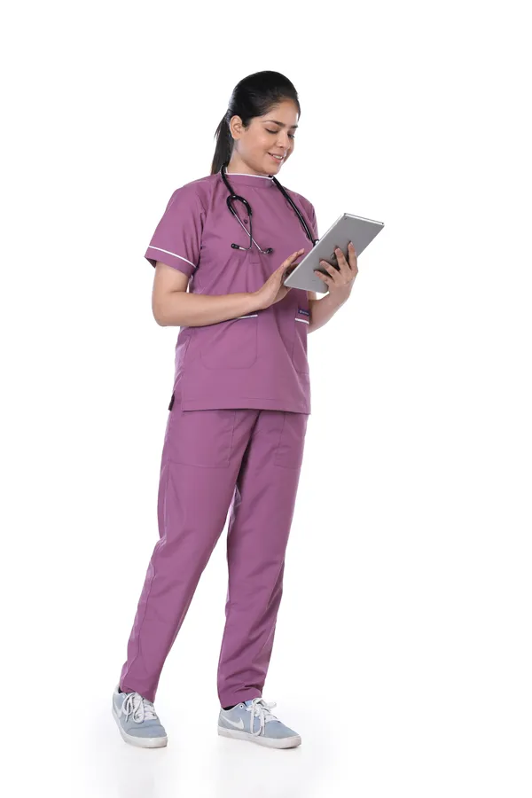 Misty_Pink_5_Pocket_Biofit_Collar_Scrub_With_Cap_&_Mask_For_Women