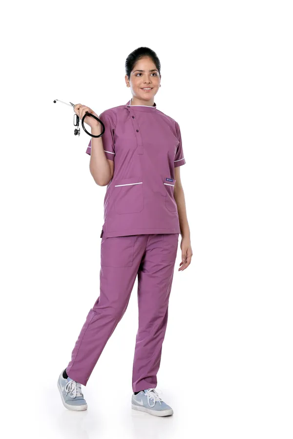 Misty_Pink_5_Pocket_Biofit_Collar_Scrub_With_Cap_&_Mask_For_Women