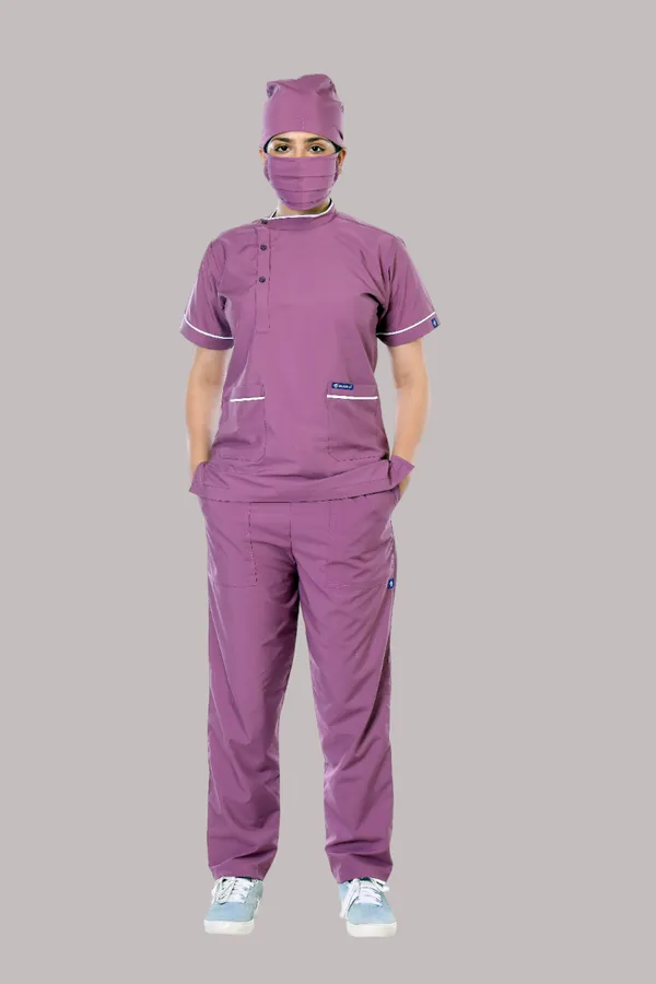 Misty_Pink_5_Pocket_Biofit_Collar_Scrub_With_Cap_&_Mask_For_Women