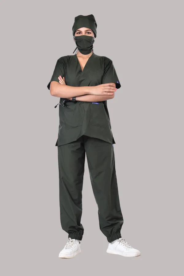 Forest_Green_7_Pocket_V_Neck_Scrub_With_Cap_&_Mask_For_Women