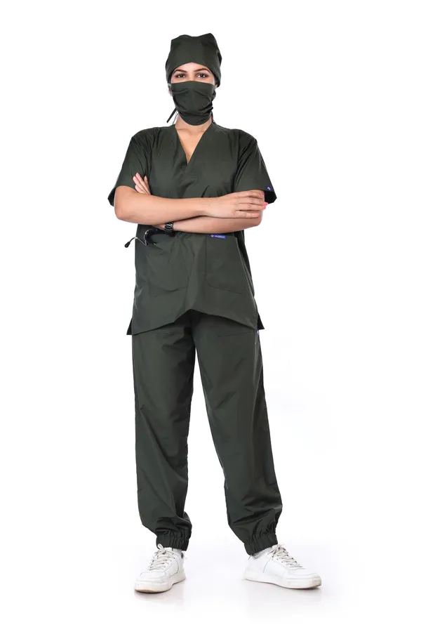 Forest_Green_7_Pocket_V_Neck_Scrub_With_Cap_&_Mask_For_Women