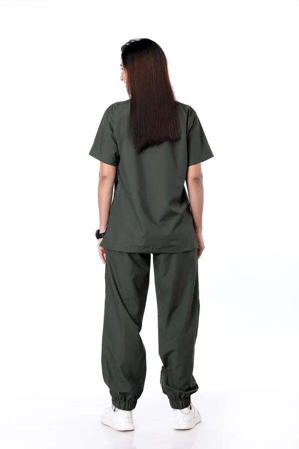 Forest_Green_7_Pocket_V_Neck_Scrub_With_Cap_&_Mask_For_Women