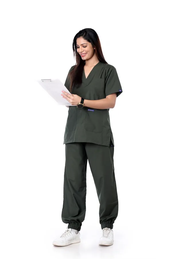 Forest_Green_7_Pocket_V_Neck_Scrub_With_Cap_&_Mask_For_Women