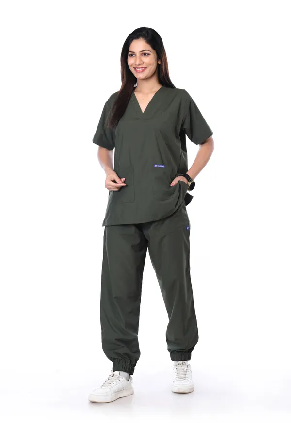 Forest_Green_7_Pocket_V_Neck_Scrub_With_Cap_&_Mask_For_Women