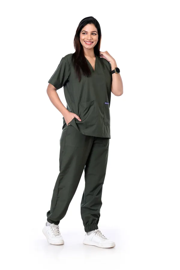 Forest_Green_7_Pocket_V_Neck_Scrub_With_Cap_&_Mask_For_Women