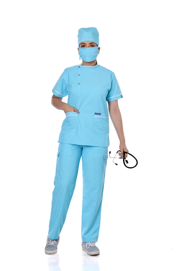 Pastel_Blue_9_Pocket_Biofit_Collar_Scrub_With_Cap_&_Mask_For_Women