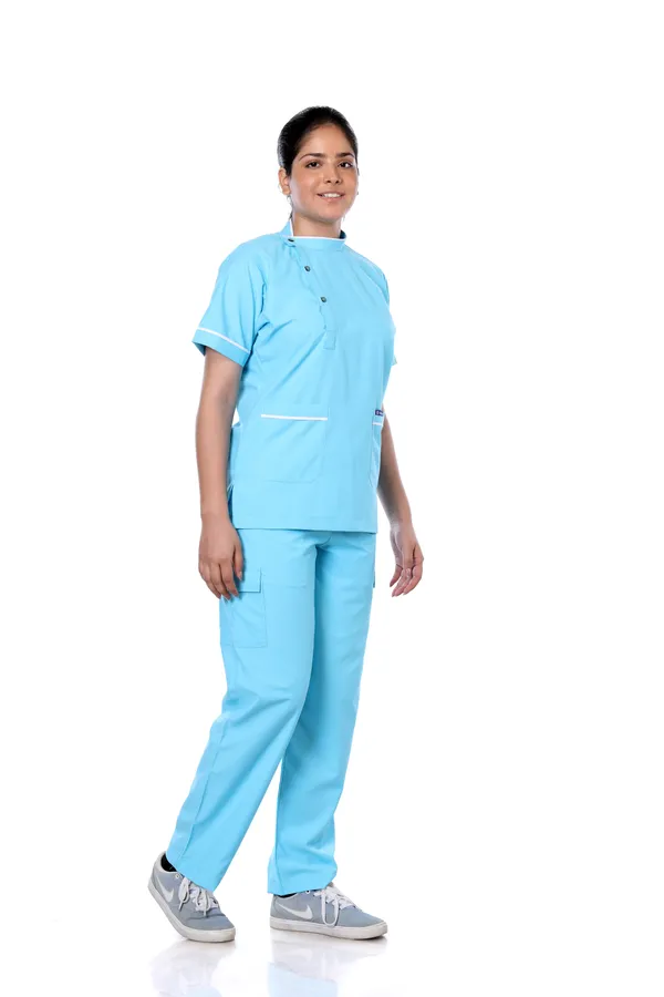 Pastel_Blue_9_Pocket_Biofit_Collar_Scrub_With_Cap_&_Mask_For_Women