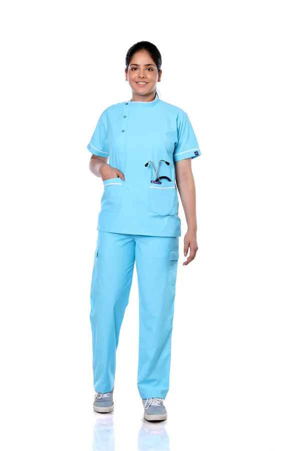 Pastel_Blue_9_Pocket_Biofit_Collar_Scrub_With_Cap_&_Mask_For_Women