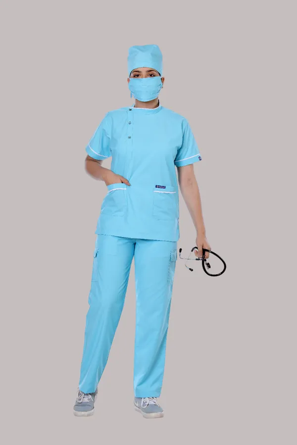 Pastel_Blue_9_Pocket_Biofit_Collar_Scrub_With_Cap_&_Mask_For_Women