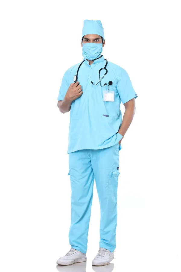 Pastel_Blue_9_Pocket_Mandarin_Collar_Scrub_With_Cap_&_Mask_For_Men