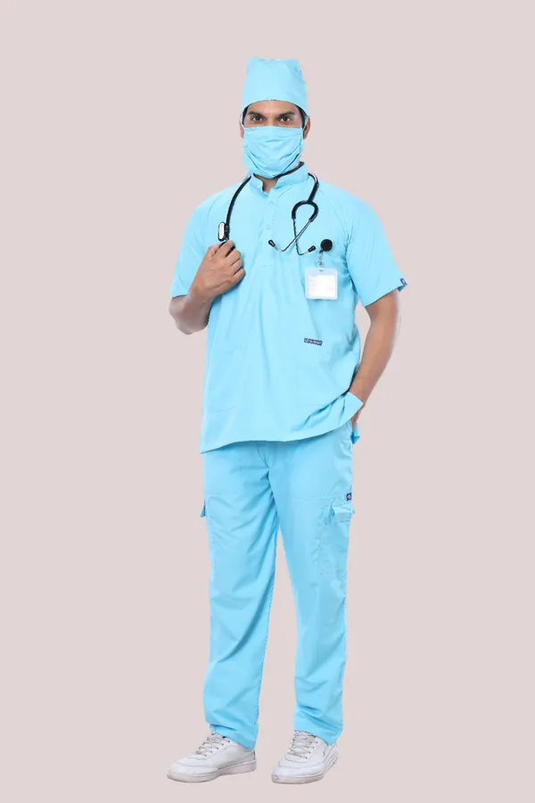 Pastel_Blue_9_Pocket_Mandarin_Collar_Scrub_With_Cap_&_Mask_For_Men