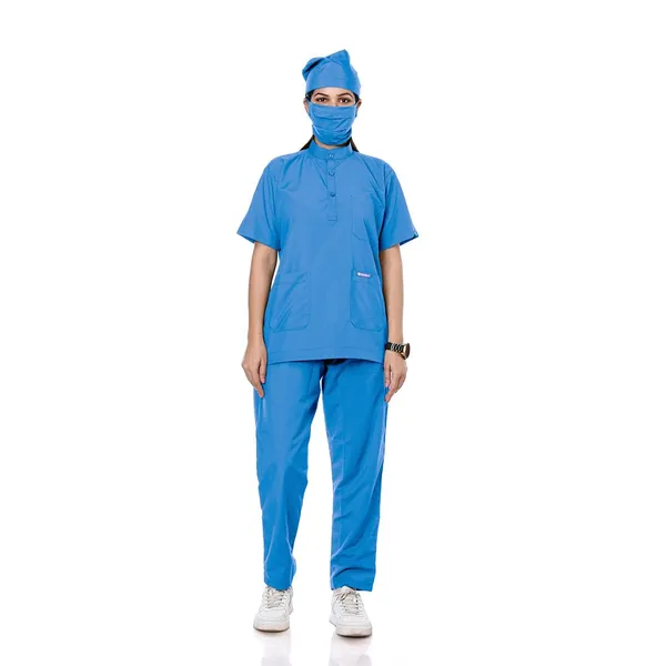 Sky_Blue_9_Pocket_Mandarin_Collar_Scrub_With_Cap_&_Mask_For_Women