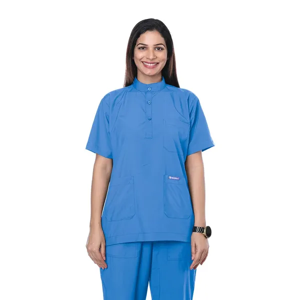 Sky_Blue_9_Pocket_Mandarin_Collar_Scrub_With_Cap_&_Mask_For_Women