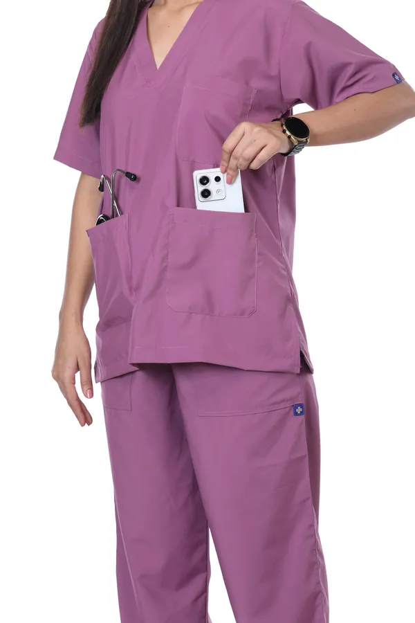 Misty_Pink_7_Pocket_V_Neck_Scrub_With_Cap_&_Mask_For_Women
