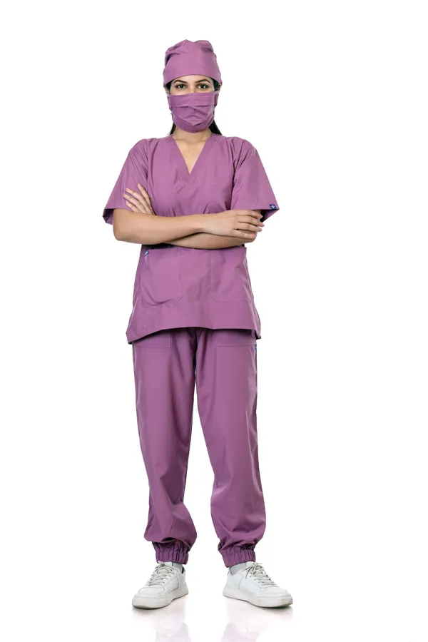 Misty_Pink_7_Pocket_V_Neck_Scrub_With_Cap_&_Mask_For_Women