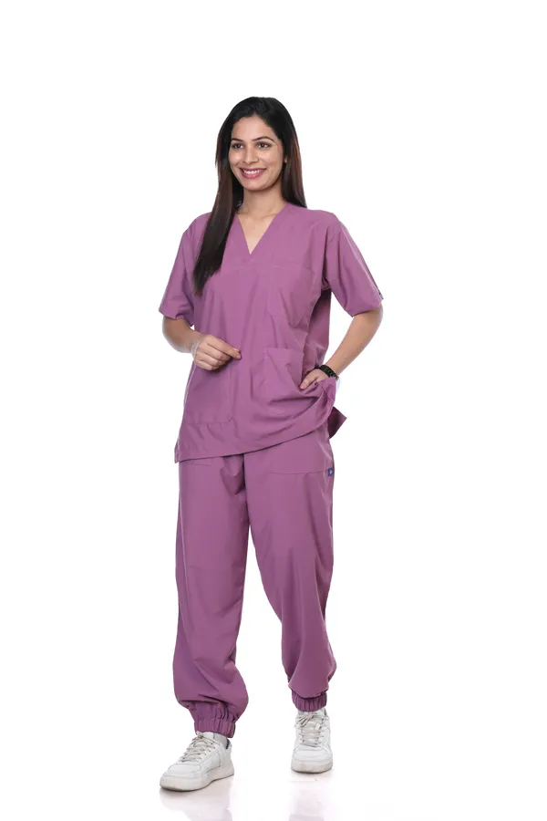 Misty_Pink_7_Pocket_V_Neck_Scrub_With_Cap_&_Mask_For_Women