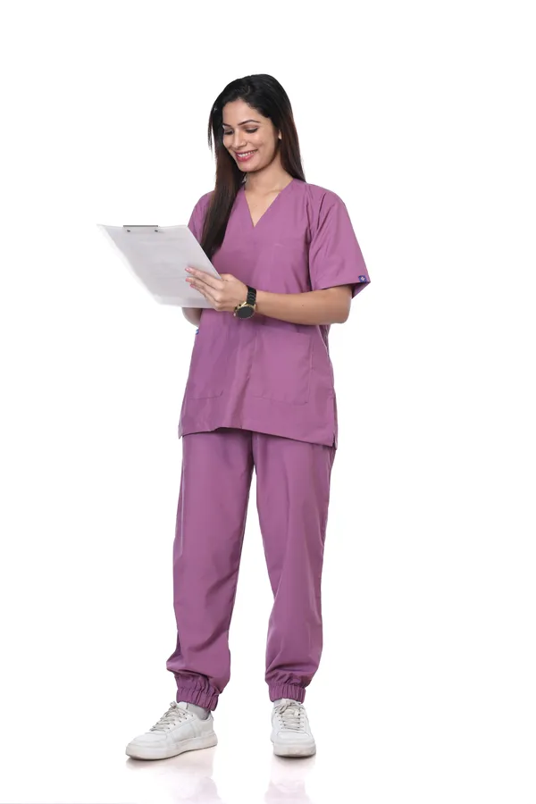 Misty_Pink_7_Pocket_V_Neck_Scrub_With_Cap_&_Mask_For_Women