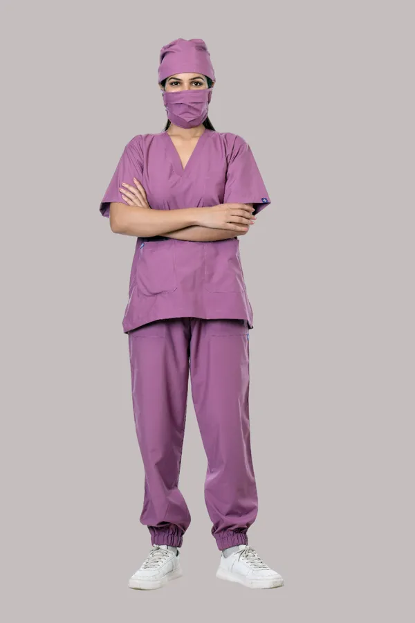 Misty_Pink_7_Pocket_V_Neck_Scrub_With_Cap_&_Mask_For_Women