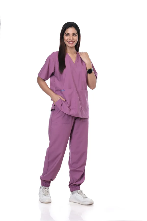 Misty_Pink_7_Pocket_V_Neck_Scrub_With_Cap_&_Mask_For_Women