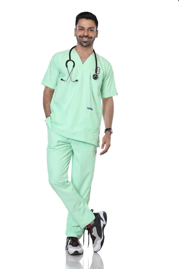 Pastel_Green_9_Pocket_Scrub_V_Neck_With_Cap_&_Mask_For_Men