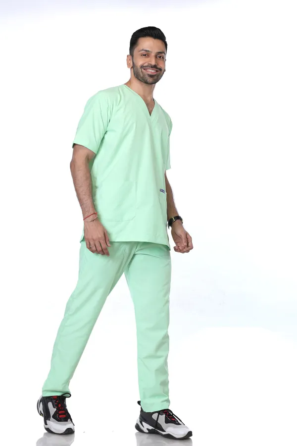 Pastel_Green_9_Pocket_Scrub_V_Neck_With_Cap_&_Mask_For_Men