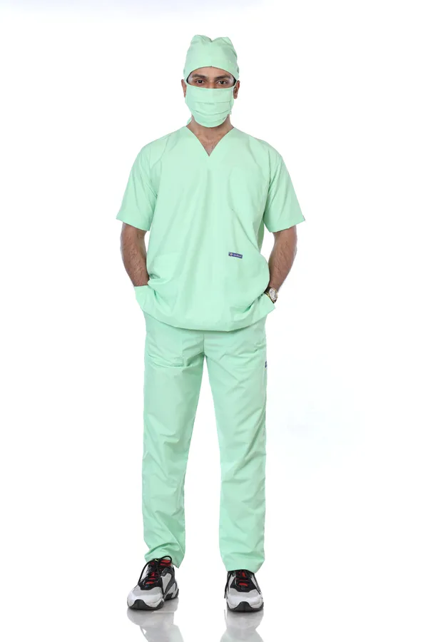 Pastel_Green_9_Pocket_Scrub_V_Neck_With_Cap_&_Mask_For_Men