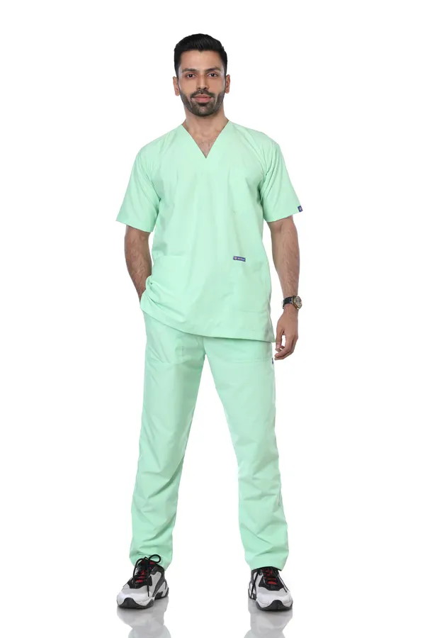 Pastel_Green_9_Pocket_Scrub_V_Neck_With_Cap_&_Mask_For_Men