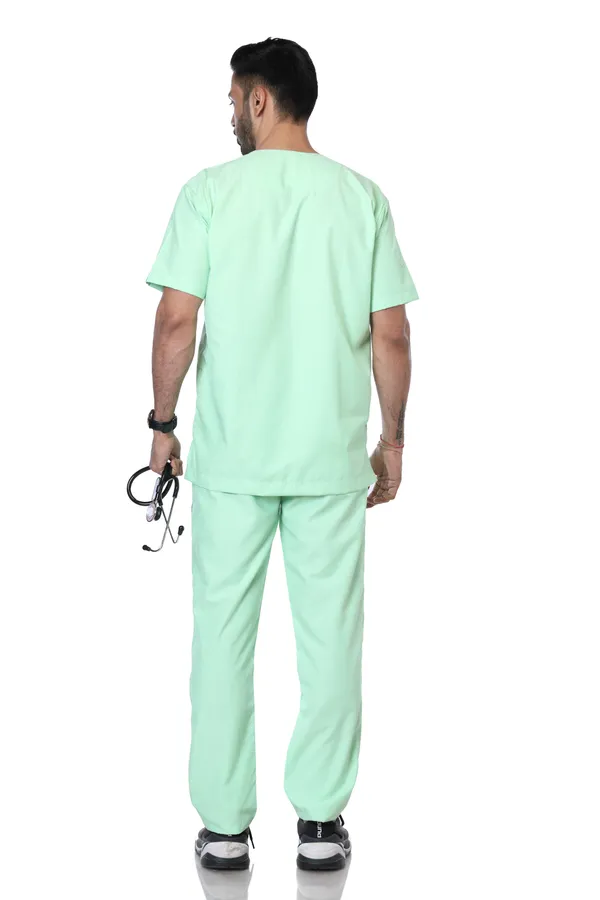 Pastel_Green_9_Pocket_Scrub_V_Neck_With_Cap_&_Mask_For_Men