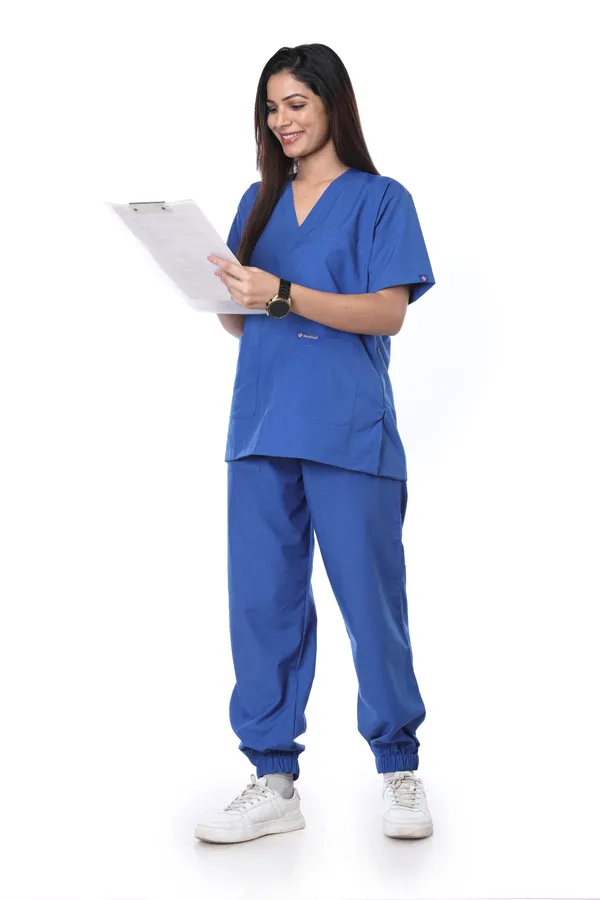 Royal_Blue_7_Pocket_V_Neck_Scrub_With_Cap_&_Mask_For_Women
