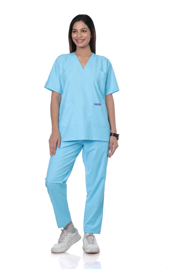 Pastel_Blue_5_Pocket_V_Neck_Scrub_With_Cap_&_Mask_For_Women