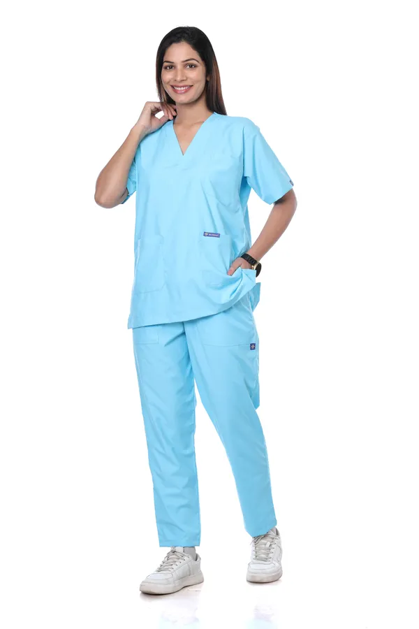 Pastel_Blue_5_Pocket_V_Neck_Scrub_With_Cap_&_Mask_For_Women