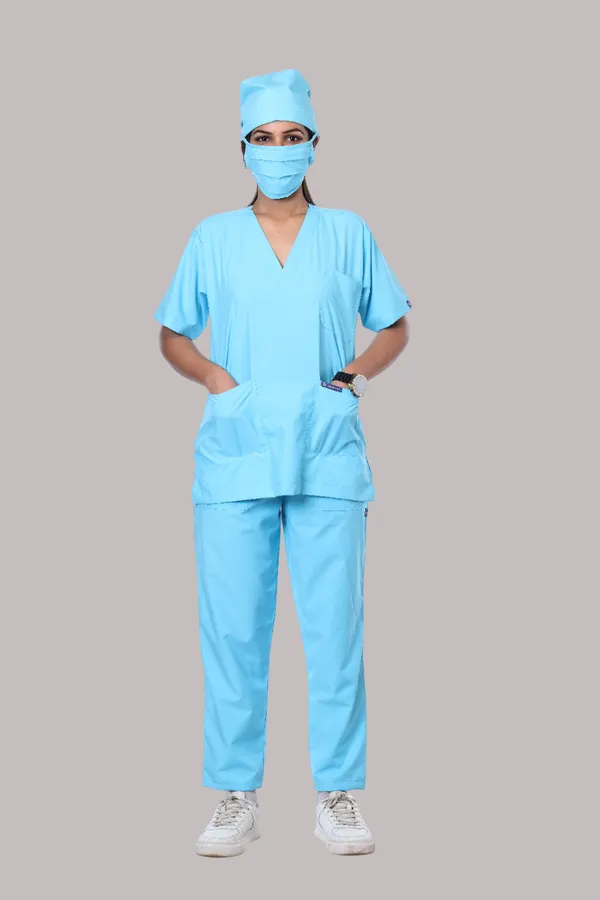 Pastel_Blue_5_Pocket_V_Neck_Scrub_With_Cap_&_Mask_For_Women