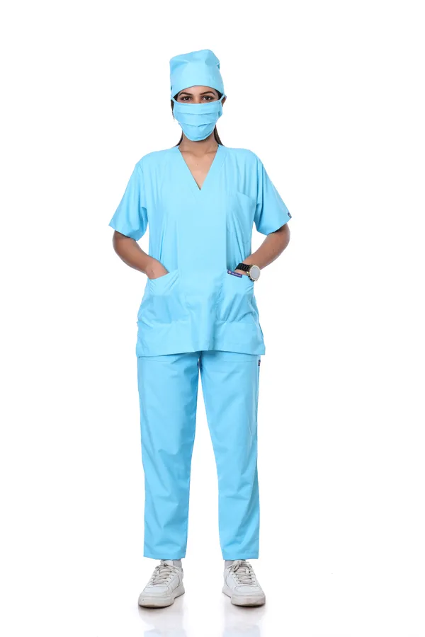Pastel_Blue_5_Pocket_V_Neck_Scrub_With_Cap_&_Mask_For_Women