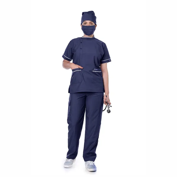 Navy_Blue_9_Pocket_Biofit_Collar_Scrub_With_Cap_&_Mask_For_Women