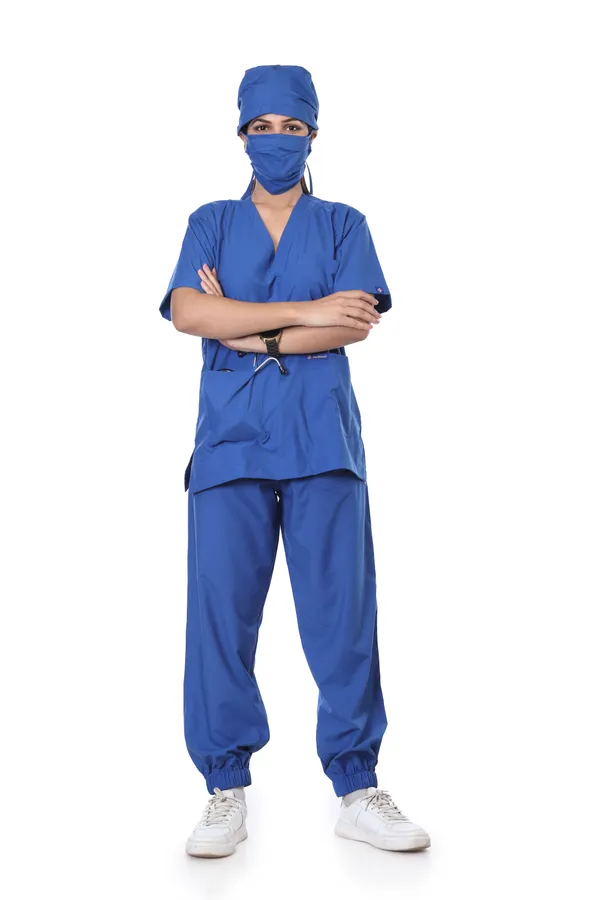Pastel_Blue_7_Pocket_V_Neck_Scrub_With_Cap_&_Mask_For_Women