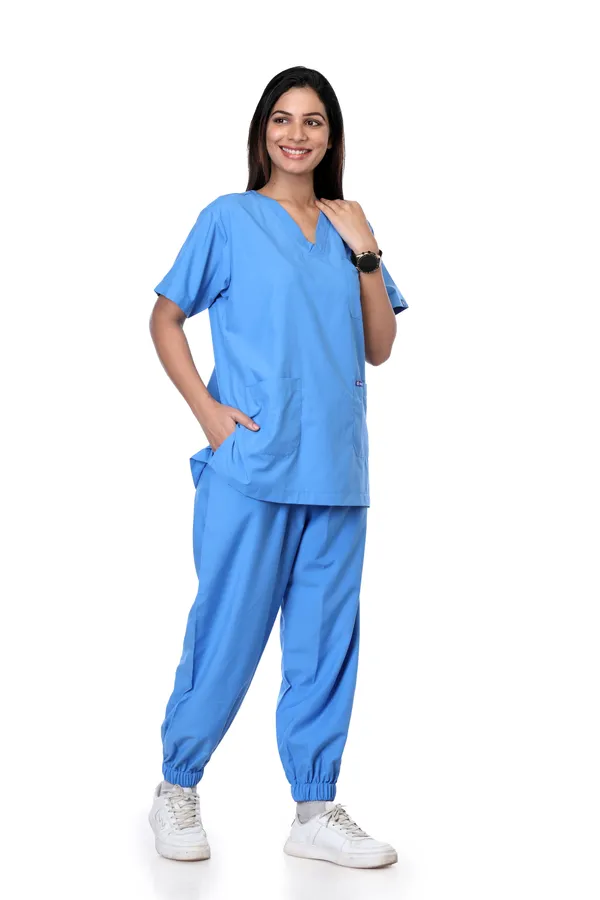 Sky_Blue_7_Pocket_V_Neck_Scrub_With_Cap_&_Mask_For_Women