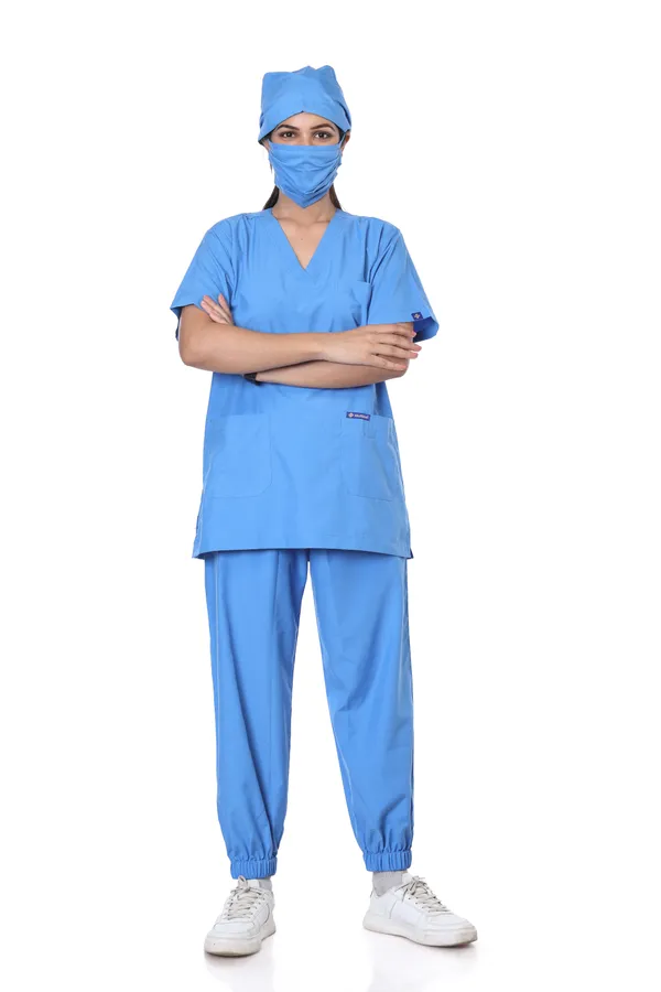 Sky_Blue_7_Pocket_V_Neck_Scrub_With_Cap_&_Mask_For_Women