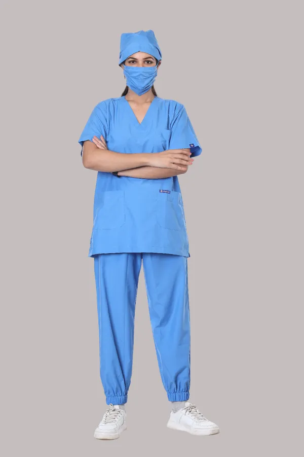 Sky_Blue_7_Pocket_V_Neck_Scrub_With_Cap_&_Mask_For_Women
