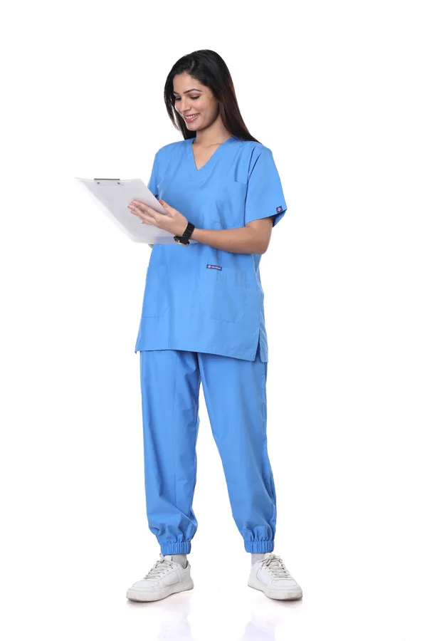 Sky_Blue_7_Pocket_V_Neck_Scrub_With_Cap_&_Mask_For_Women