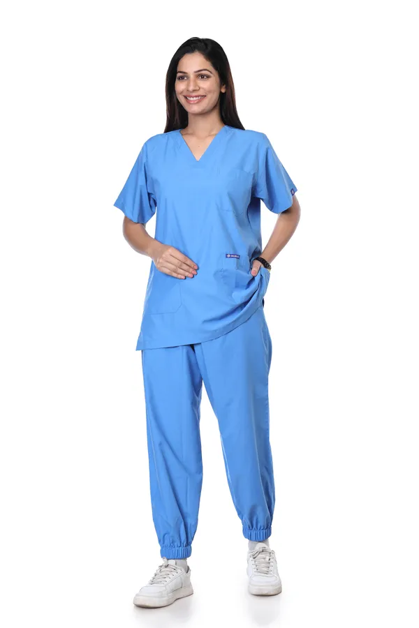 Sky_Blue_7_Pocket_V_Neck_Scrub_With_Cap_&_Mask_For_Women