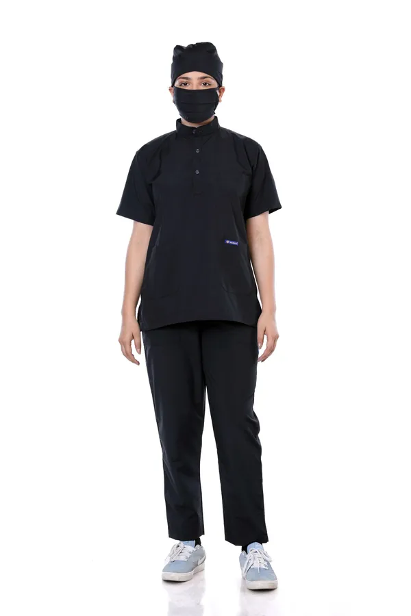 Black_7_Pocket_Mandarin_Collar_Scrub_With_Cap_&_Mask_For_Women
