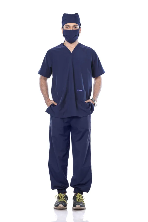 Navy_Blue_7_Pocket_Mandarin_Collar_Scrub_With_Cap_&_Mask_For_Men