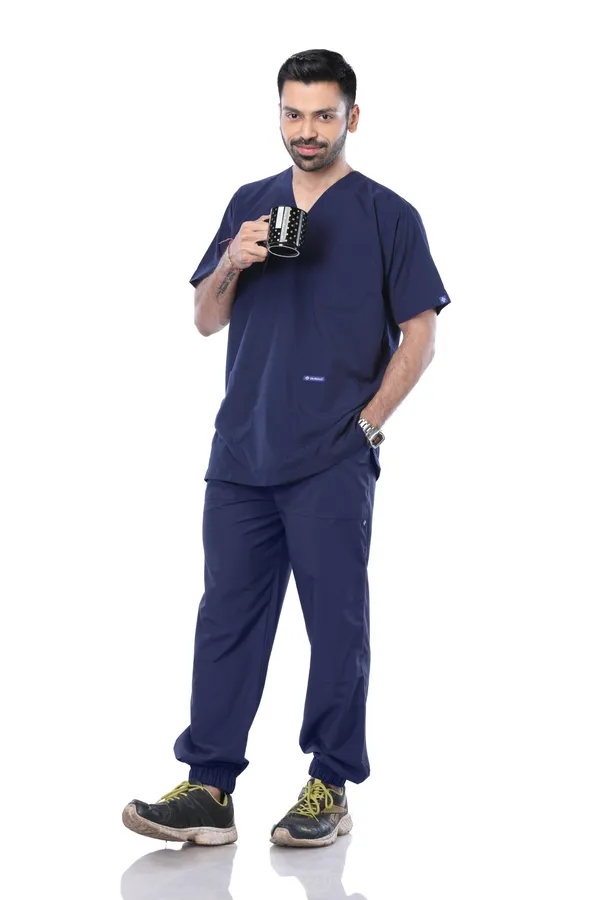 Navy_Blue_7_Pocket_Mandarin_Collar_Scrub_With_Cap_&_Mask_For_Men