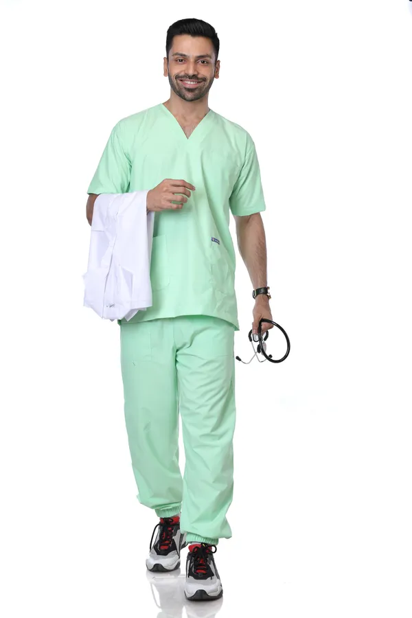Pastel_Green_7_Pocket_V_Neck_Scrub_With_Cap_&_Mask_For_Men
